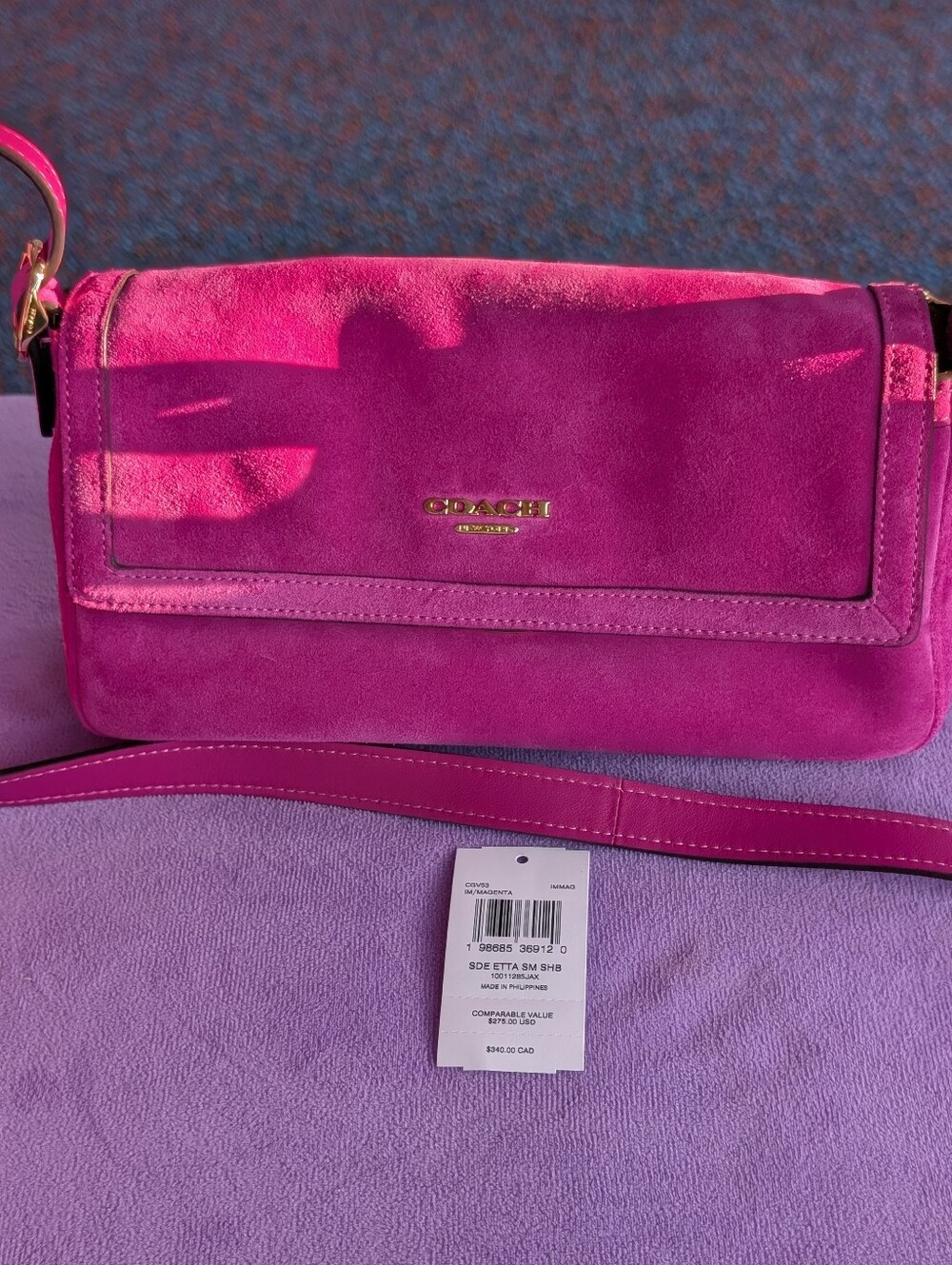 New Coach Hot Pink Suede Crossbody Bag with Gold Logo